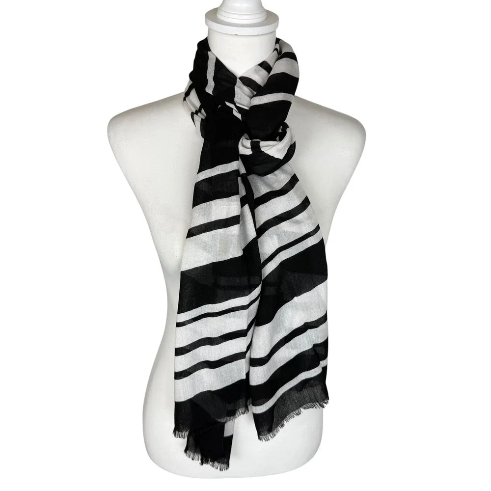 Kate Spade New York Scarf Black White‎ Striped Viscose Lightweight Wrap Shawl